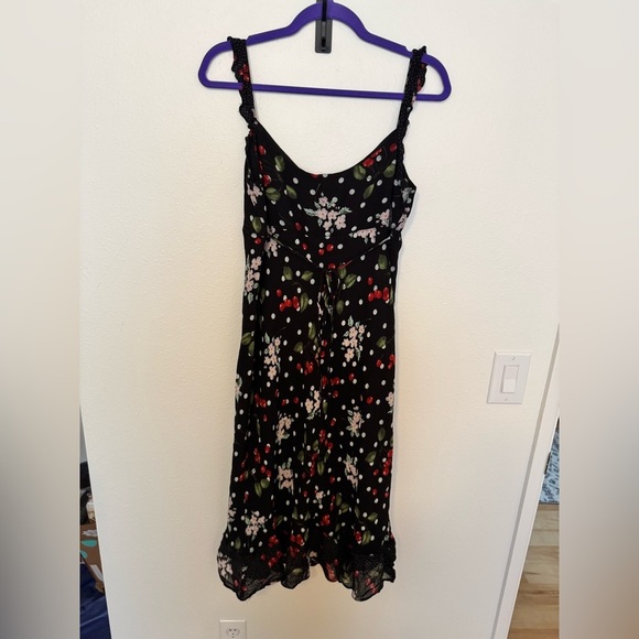 VTG Mica Mimi Maternity Y2K Cherry Floral Midi Dress Ruffle Large Black EUC - Picture 5 of 9